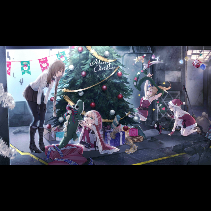 4girls, aged_down, character_doll, christmas, christmas_tree, crocodile, crocodilian, cz75_(girls'_frontline)