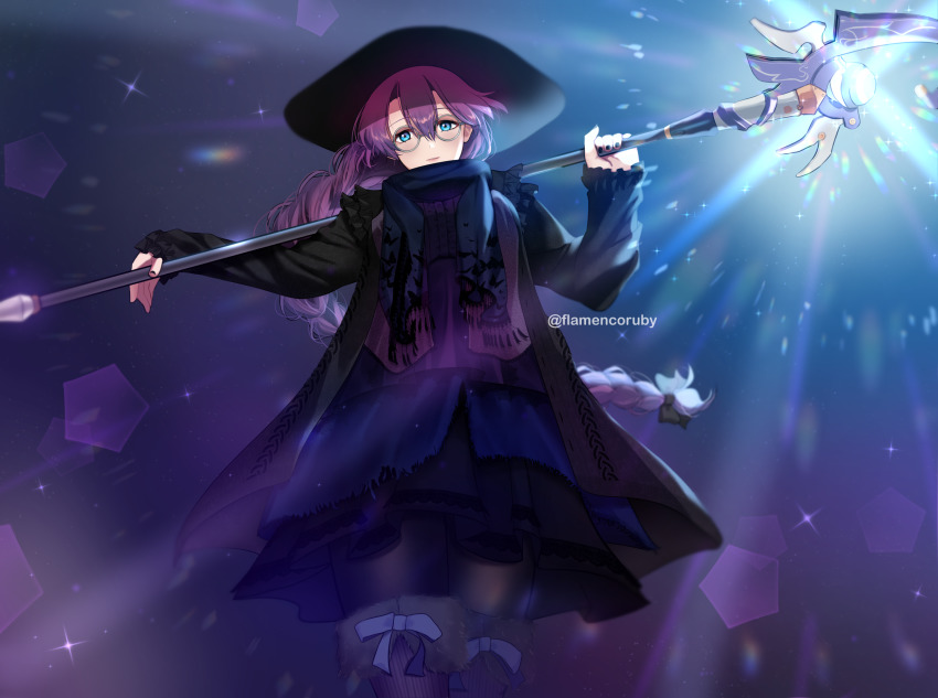 1girl, black_hat, black_nails, black_pantyhose, blue_eyes, braid, coat, cowboy_shot