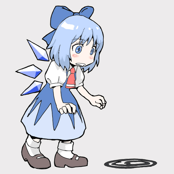 1girl, azuna8888, blue_eyes, blue_hair, bow, circled_9, cirno, dress, fairy, female_focus, full_body, hair_bow, matching_hair/eyes, phantasmagoria_of_flower_view, short_hair, simple_background, solo, touhou, wings