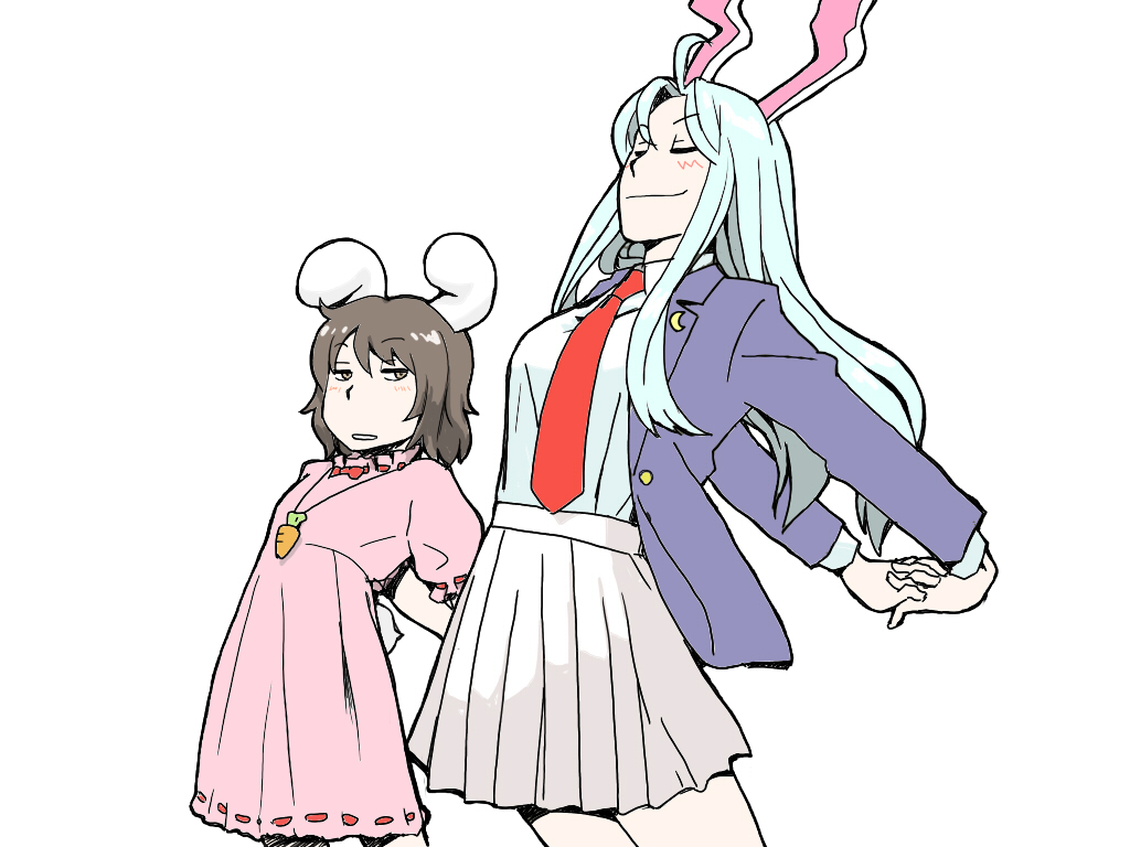 2girls, animal_ears, azuna8888, blazer, brown_hair, dress, female_focus, inaba_tewi, jacket, long_hair, multiple_girls, pleated_skirt, rabbit_ears, reisen_udongein_inaba, short_hair, silver_hair, simple_background, skirt, stretching, tail, touhou, white_background