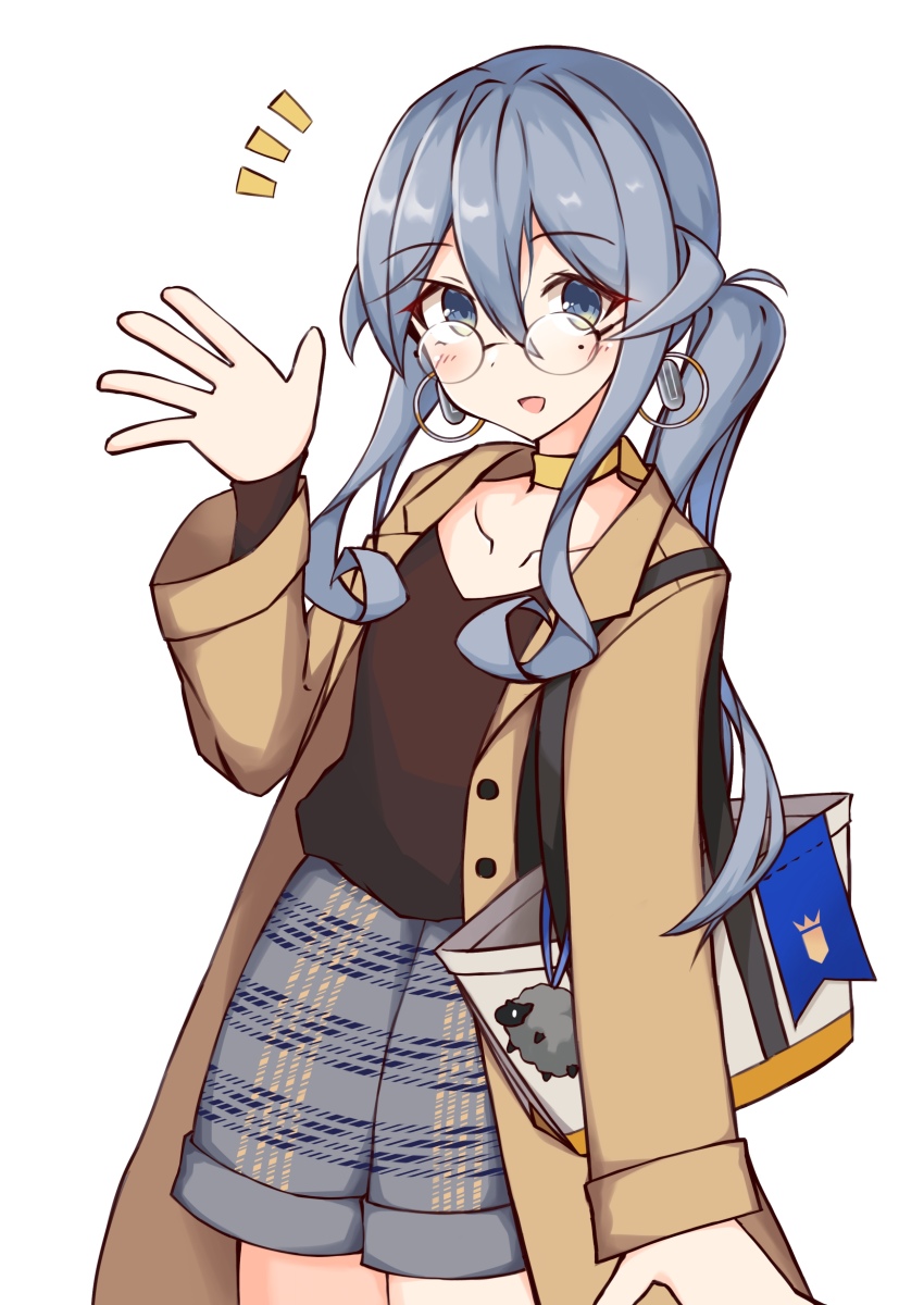 1girl, :d, absurdres, bag, blue_eyes, blue_hair, blush, brown_coat