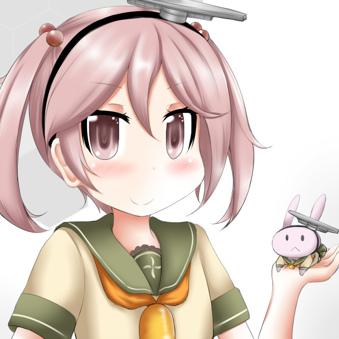 1girl, 1other, beige_serafuku, bell, cosplay, de_ruyter_(kancolle), de_ruyter_(kancolle)_(cosplay), green_sailor_collar, grey_background, hair_bobbles, hair_ornament, kantai_collection, looking_at_viewer, neckerchief, orange_neckerchief, ouno_(nounai_disintegration), pink_eyes, pink_hair, rabbit, sailor_collar, sazanami_(kancolle), school_uniform, serafuku, short_hair, twintails, two-tone_background, upper_body, white_background