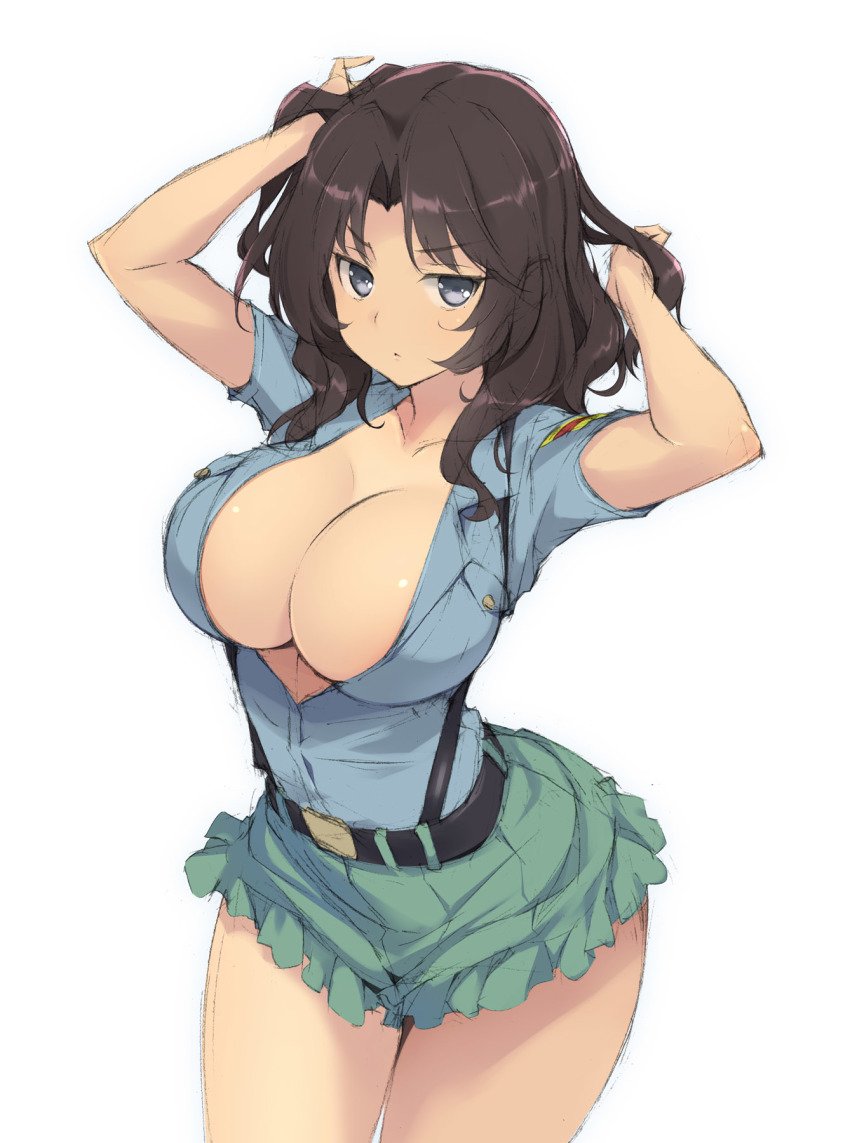 1girl, :<, arms_up, belt, black_hair, blue_eyes, blue_shirt, blush, breasts, cleavage, closed_mouth, commentary_request, cowboy_shot, el_(girls_und_panzer), female_focus, girls_und_panzer, green_shorts, hands_in_own_hair, highres, large_breasts, long_hair, looking_at_viewer, no_bra, open_clothes, open_shirt, parted_bangs, sakana_(flame_sakana), shirt, short_shorts, short_sleeves, shorts, simple_background, sketch, solo, suspender_shorts, suspenders, v-shaped_eyebrows, white_background