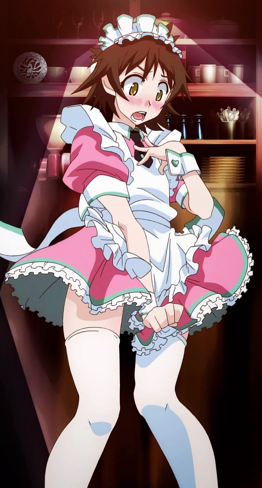 00s, 1girl, androgynous, anime_screenshot, apron, blush, brown_hair, female_focus, highres, kamigamo_jun, lingerie, maid, maid_apron, maid_headdress, natsu_no_arashi!, petticoat, reverse_trap, ribbon, short_hair, solo, stitched, thighhighs, third-party_edit, underwear, wrist_cuffs