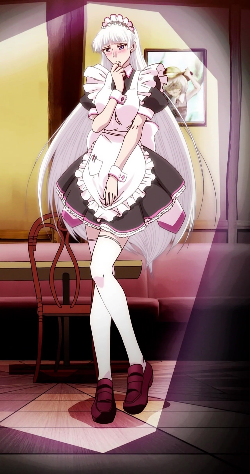00s, 1girl, absurdres, anime_screenshot, apron, blue_eyes, blush, female_focus, frills, full_body, highres, indoors, kaja_bergmann, long_hair, maid, maid_apron, maid_headdress, natsu_no_arashi!, pen, ribbon, solo, stitched, thighhighs, third-party_edit, white_hair, wrist_cuffs, zettai_ryouiki