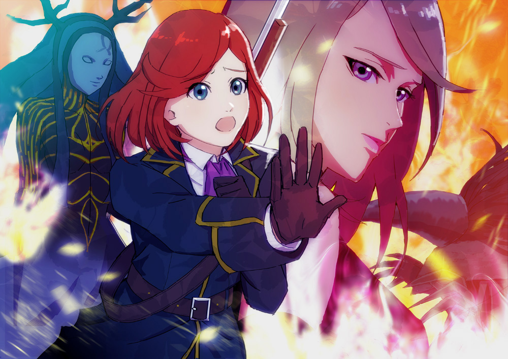 2girls, ash_clad, belt, black_gloves, blue_eyes, clenched_hand, fairy_gone, fire