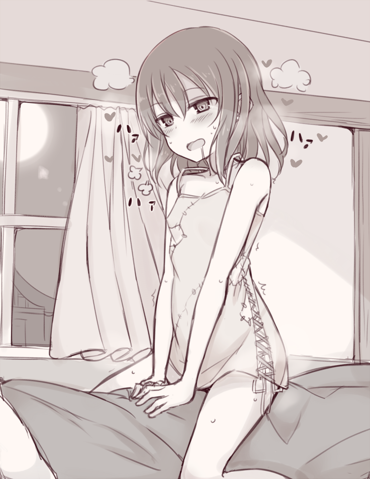 1girl, :d, bare_arms, bare_shoulders, blush, breasts, curtains, dress