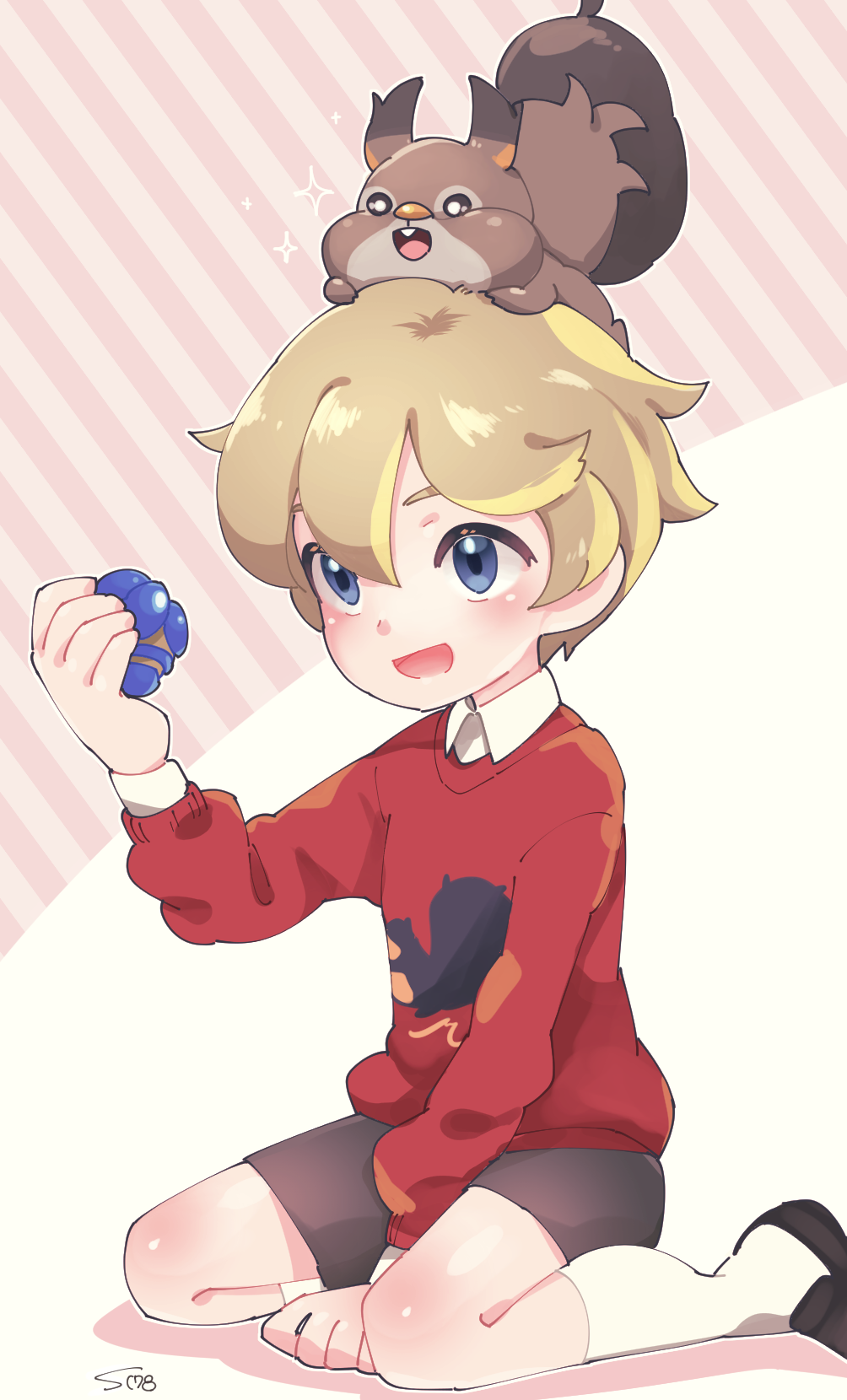 1boy, berry_(pokemon), blonde_hair, blue_eyes, blush, full_body, gen_8_pokemon, hair_between_eyes, highres, inaba_shounosuke, male_focus, nintendo, on_head, open_mouth, pokemon, pokemon_(creature), pokemon_on_head, pokemon_sword_and_shield, print_sweater, shorts, skwovet, smile, sweater, youngster_(pokemon)