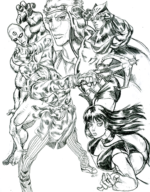 1girl, 4boys, araki_hirohiko_(style), dc_comics, dr._manhattan, everyone, greyscale, jojo_no_kimyou_na_bouken