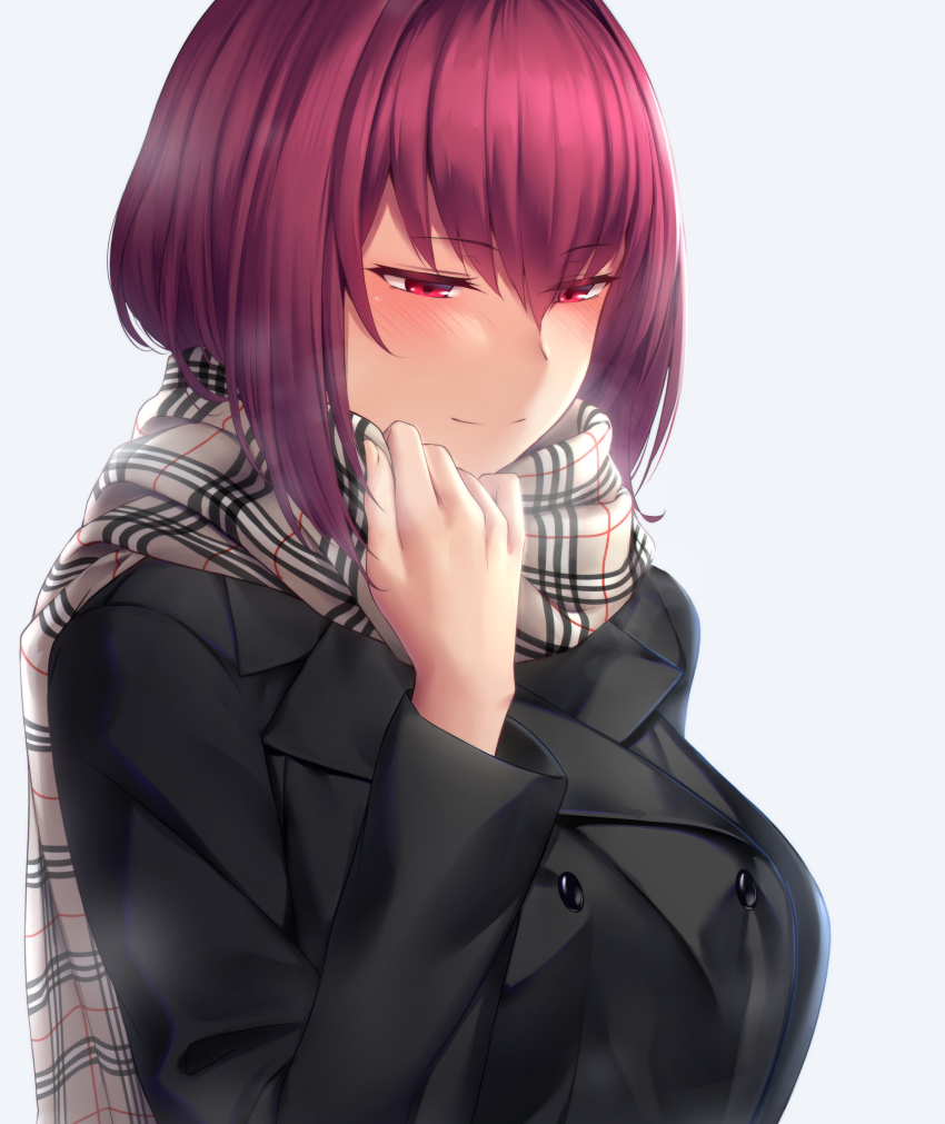 1girl, absurdres, black_jacket, blush, breasts, buttons, closed_mouth, fate_(series), female_focus, hair_between_eyes, hair_intakes, highres, jacket, large_breasts, long_hair, long_sleeves, looking_at_viewer, lun7732, purple_hair, red_eyes, scarf, scathach_(fate), scathach_(traveling_outfit)_(fate), simple_background, solo, white_background