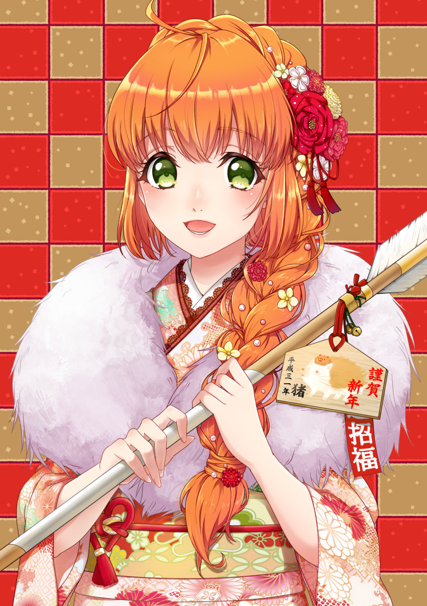 1girl, :d, aigisaki_kohana, arrow_(projectile), ayakura_azuma, bell, braid, checkered_background, female_focus, flower, fur_trim, green_eyes, hair_flower, hair_ornament, hamaya, highres, holding, holding_arrow, japanese_clothes, jingle_bell, kimono, long_hair, looking_at_viewer, magic-kyun!_renaissance, new_year, open_mouth, orange_hair, simple_background, smile, solo, upper_body