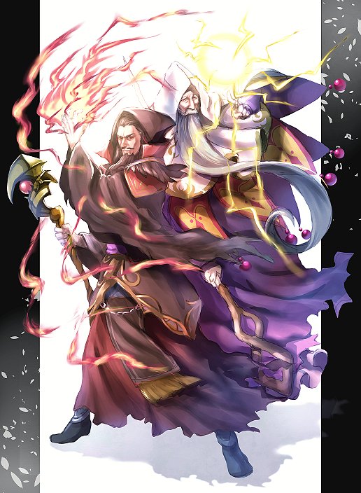 2boys, barbastoff_(sennen_sensou_aigis), beard, black_footwear, black_hair, cyrus_(sennen_sensou_aigis), electricity, facial_hair, fire, hi-na1, holding, holding_staff, hood, looking_at_viewer, magic, male_focus, multiple_boys, old, old_man, robe, sennen_sensou_aigis, staff, standing, white_hair, wizard