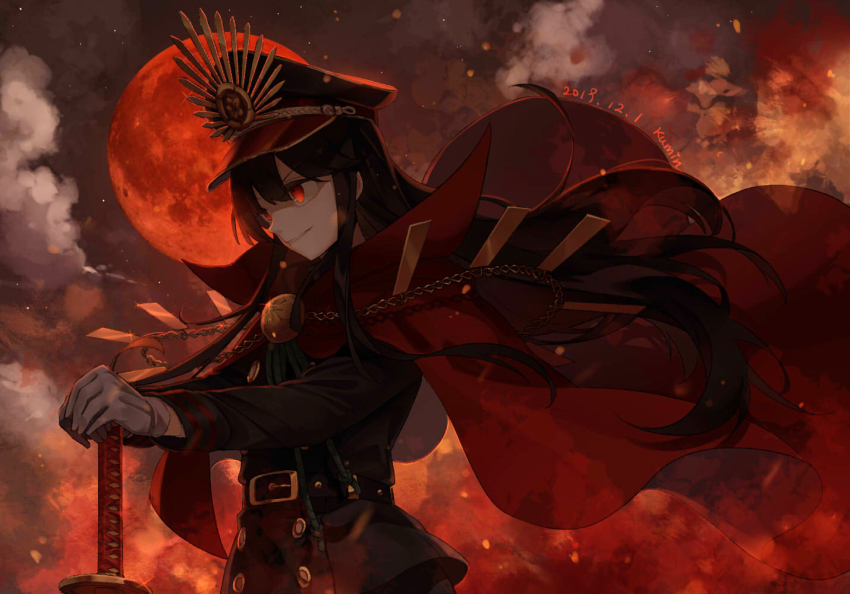 1girl, black_hair, cape, cloud, dated, fate/grand_order, fate_(series), female_focus, gloves, hands_on_hilt, hat, katana, kumin_(6939359), long_hair, moon, oda_nobunaga_(fate), oda_nobunaga_(koha-ace), red_eyes, red_moon, signature, solo, sword, weapon, white_gloves