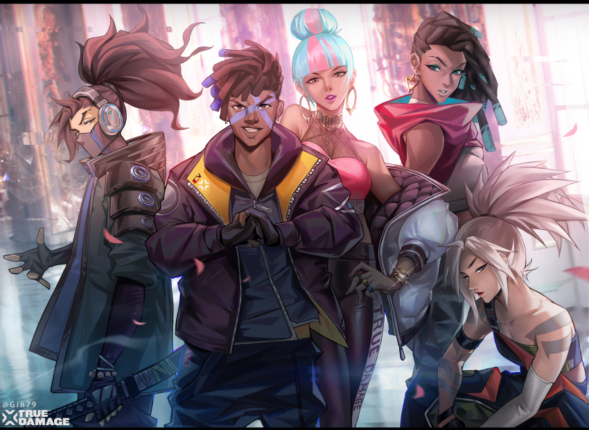 2boys, 3girls, akali, alternate_costume, aqua_hair, band_(music), black_hair, blunt_bangs