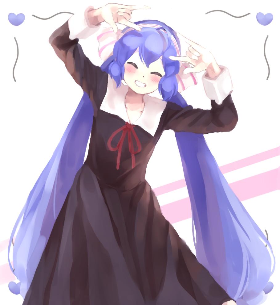 1girl, blue_hair, blush, bow, chikattochikachika_(kaguya-sama_wa_kokurasetai), closed_eyes, cosplay, dancing