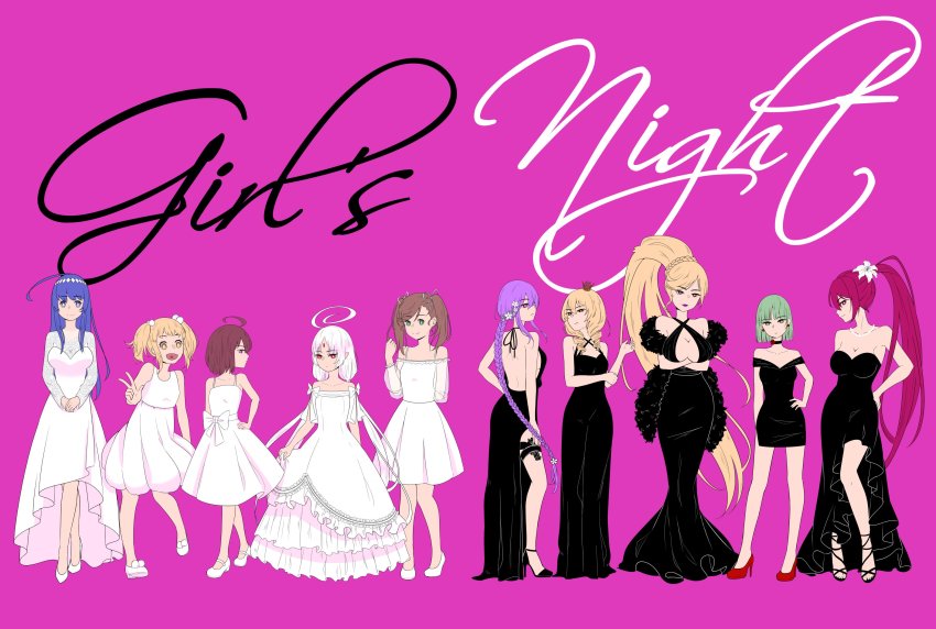 6+girls, absurdres, ahoge, alternate_costume, backless_dress, backless_outfit, bare_back, bare_shoulders