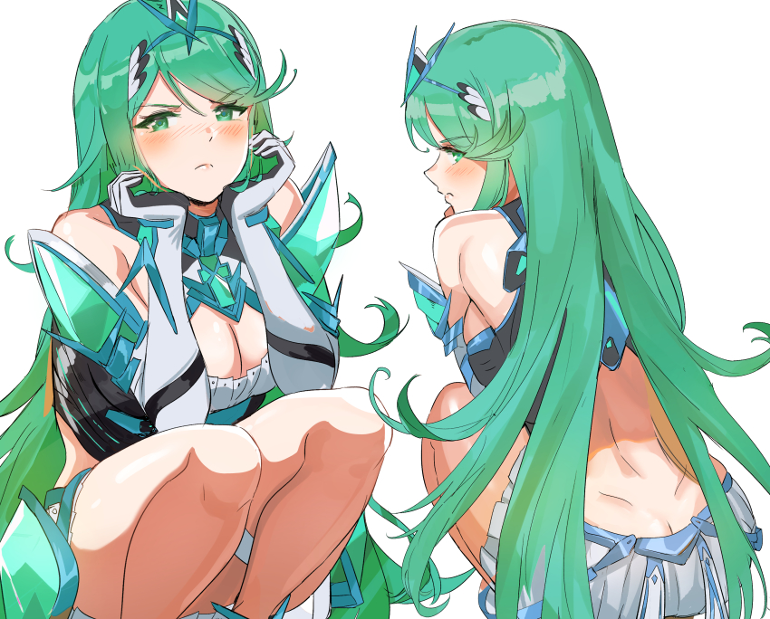 1girl, absurdres, anger_vein, aqua_eyes, aqua_hair, ass, bare_shoulders, blush, breasts, butt_crack, chest_jewel, cleavage, closed_mouth, cosplay, dimples_of_venus, elbow_gloves, female_focus, frown, gem, gloves, green_eyes, green_hair, head_rest, headpiece, highres, jewelry, large_breasts, long_hair, looking_at_viewer, matching_hair/eyes, multiple_views, mythra_(xenoblade), nintendo, ormille, pneuma_(xenoblade), pneuma_(xenoblade)_(cosplay), simple_background, spoilers, squatting, swept_bangs, thighs, tiara, white_background, xenoblade_chronicles_(series), xenoblade_chronicles_2