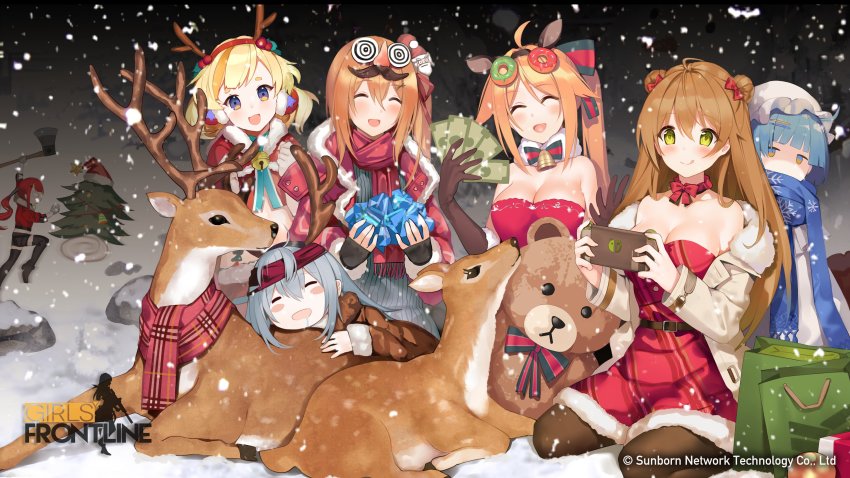 6+girls, absurdres, ameli_(girls'_frontline), ameli_(little_gift_tree)_(girls'_frontline), animal_costume, antlers, axe, bag