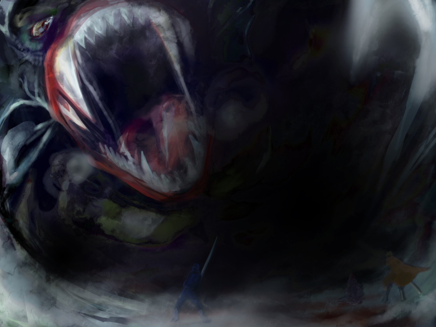 1980s_(style), 1girl, 2boys, chunsoft, darkness, demon, dragon_quest, dragon_quest_ii