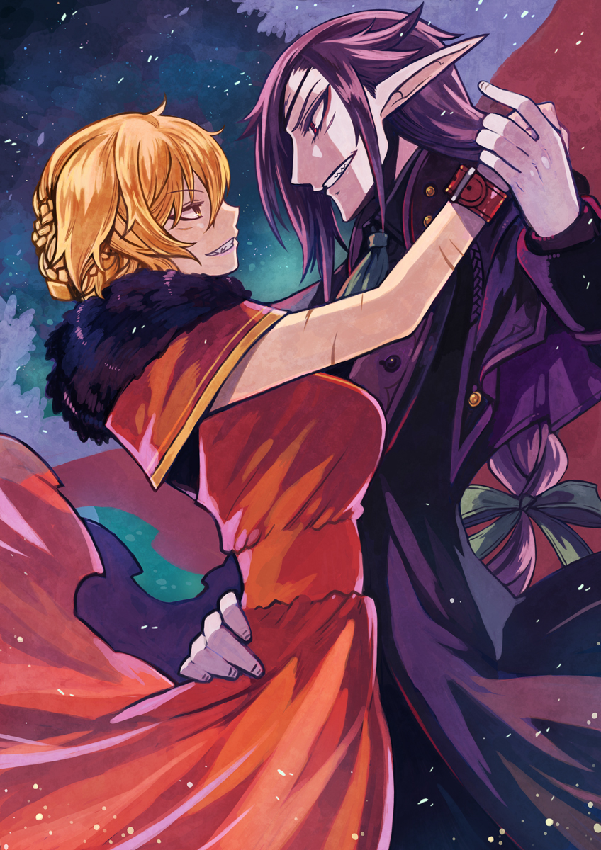 1boy, 1girl, aqua_bow, black_pants, blonde_hair, bow, braid, breasts, dancing, dress, eye_contact, eyepatch, fur_trim, hair_bun, highres, holding_hands, long_hair, looking_at_another, low-tied_long_hair, nonette_carne, pants, pixiv_fantasia, pixiv_fantasia_last_saga, pointy_ears, purple_hair, red_dress, red_eyes, rleven_drosselbart, rumie, scar, sharp_teeth, single_braid, single_hair_bun, smile, teeth, wristband