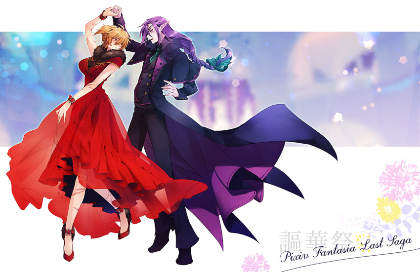 1boy, 1girl, aqua_ribbon, arm_up, bad_id, bad_pixiv_id, black_footwear, black_pants, blonde_hair, blush, braid, copyright_name, dancing, dress, eye_contact, eyepatch, formal_clothes, fur_trim, green_neckwear, hair_ribbon, hetero, holding_hands, long_hair, long_sleeves, looking_at_another, low-braided_long_hair, low-tied_long_hair, nonette_carne, pants, pixiv_fantasia, pixiv_fantasia_last_saga, pointy_ears, purple_hair, red_dress, red_footwear, ribbon, rleven_drosselbart, ryou_(pixiv779953), scar, short_hair, simple_background, single_braid, suit, wristband
