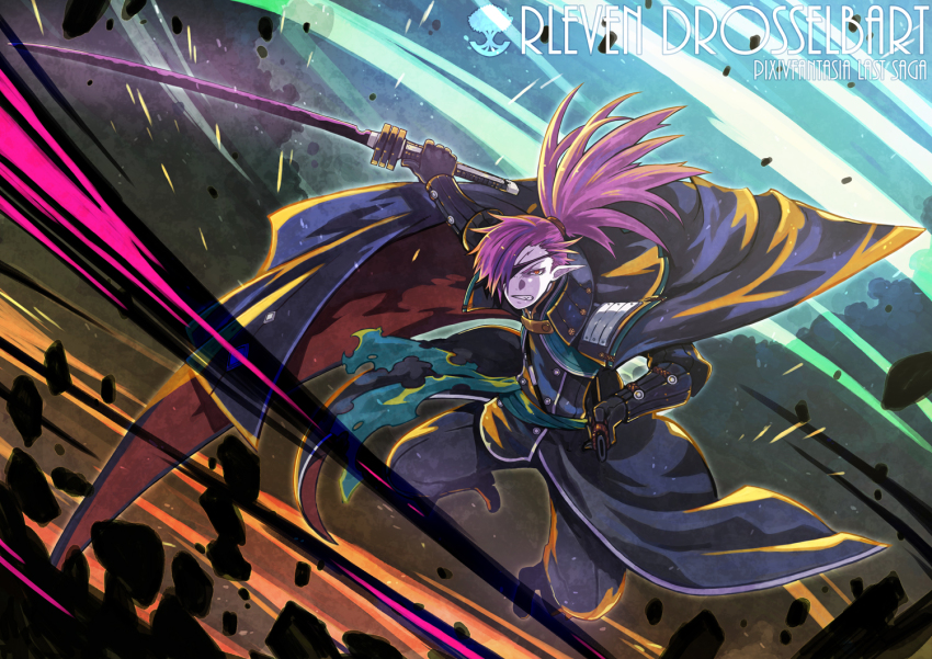 1boy, armor, black_cape, black_gloves, black_pants, cape, character_name, clenched_teeth