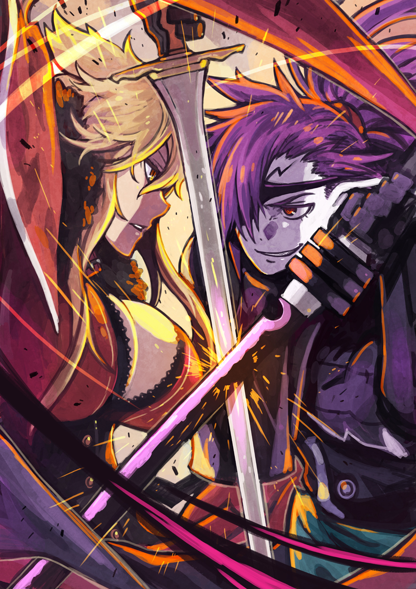 1boy, 1girl, battle, black_gloves, blonde_hair, breasts, cape, cleavage, eyepatch, gloves, highres, large_breasts, long_hair, nonette_carne, pale_skin, pixiv_fantasia, pixiv_fantasia_last_saga, ponytail, purple_hair, red_eyes, rleven_drosselbart, rumie, scar, scar_on_face, simple_background, smirk, sparks, standing, sword, weapon, wide_sleeves
