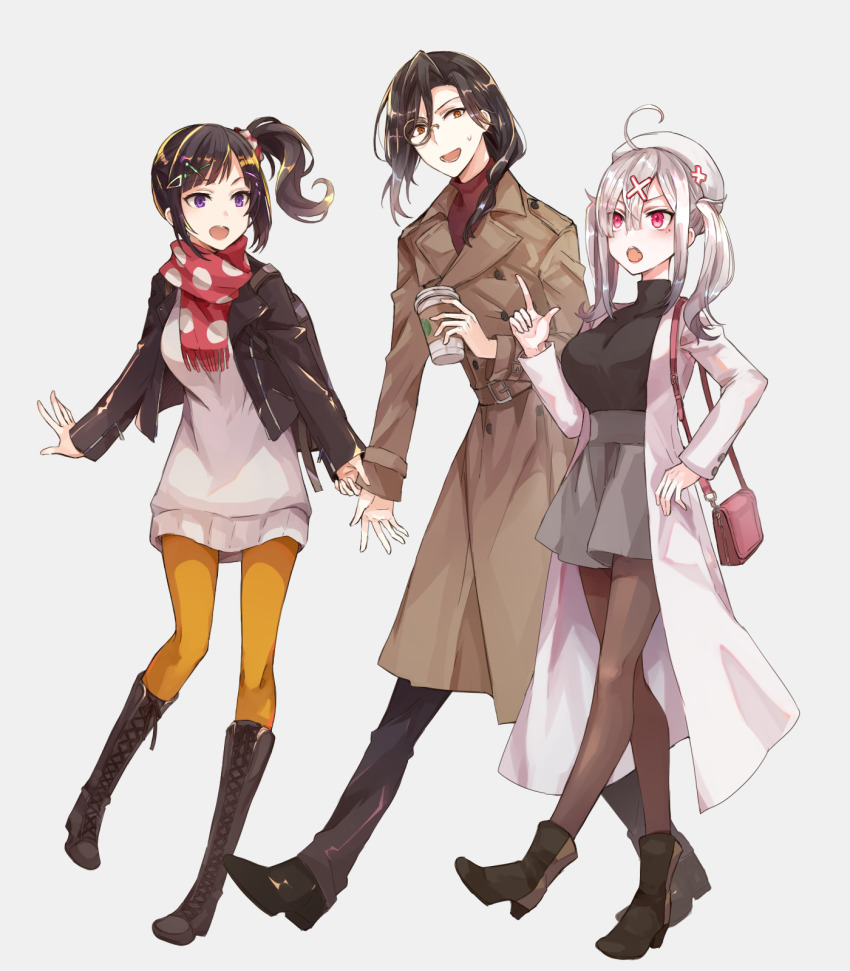 1boy, 2girls, ahoge, alternate_costume, bag, black_footwear, black_hair, black_jacket