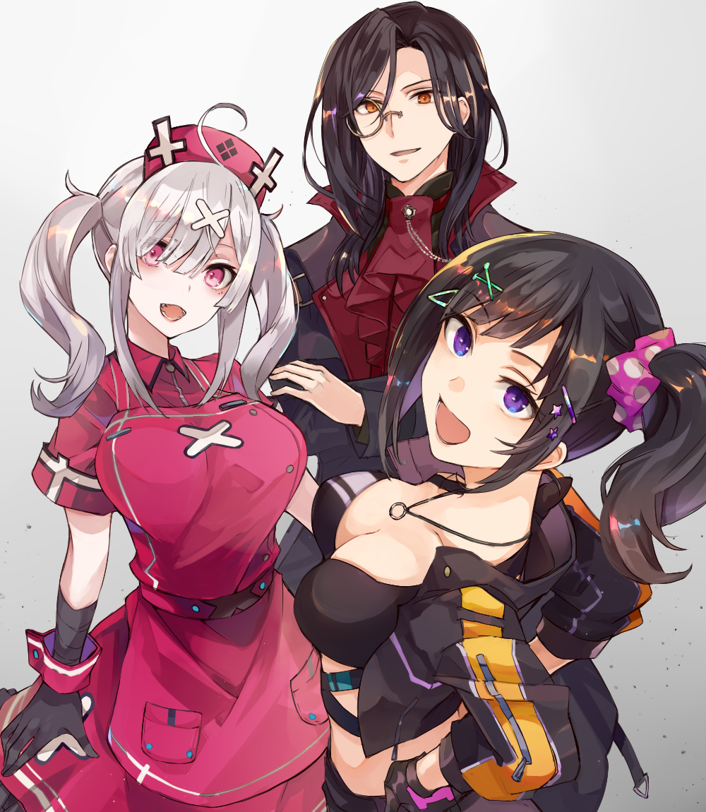 1boy, 2girls, alternate_color, apron, bandaged_arm, bandages, black_coat, black_hair