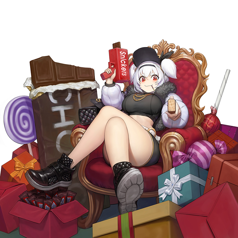 1girl, alvis_(last_origin), armchair, bad_id, bad_pixiv_id, box, breasts, candy, cash_cannon, chain, chair, chocolate, chocolate_bar, crossed_legs, female_focus, food, food_in_mouth, full_body, fur_jacket, fur_trim, gift, gift_box, hairband, huge_breasts, jacket, june_5, last_origin, lollipop, looking_at_viewer, midriff, on_throne, oversized_food, oversized_object, pocky, red_eyes, sitting, smile, snickers_(brand), solo, throne, thug_life, two_side_up, white_background, white_hair