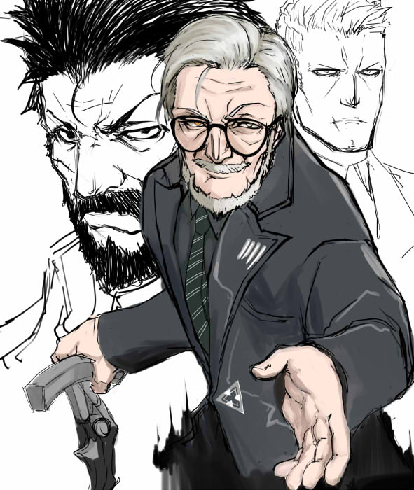 3boys, beard, berezovich_kryuger_(girls'_frontline), black-framed_eyewear, black_neckwear, black_shirt, black_suit, cane, collared_shirt, commentary_request, facial_hair, formal_clothes, girls'_frontline, glasses, grey_hair, havel_witkin_(girls_frontline), holding, holding_cane, keshin, looking_at_viewer, male_focus, multiple_boys, mustache, necktie, old, old_man, partially_colored, raised_eyebrow, reaching, reaching_towards_viewer, scar, serious, shirt, simple_background, smile, suit, white_background, yegor_(girls'_frontline)