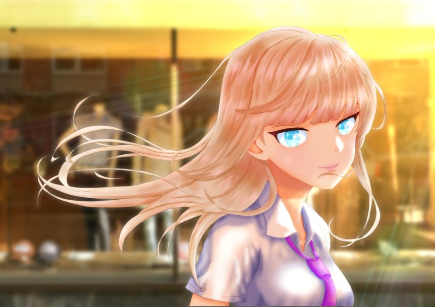 1girl, blonde_hair, blue_eyes, blunt_bangs, blush, hime_cut, katou_asuka, long_hair, maromi_moko0702, necktie, smile, solo_focus, watashi_ga_motenai_no_wa_dou_kangaetemo_omaera_ga_warui!