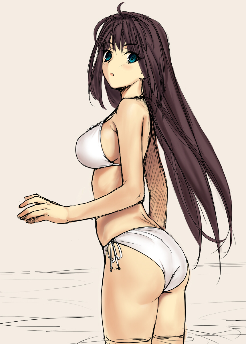 1girl, aozaki_aoko, asagi_nanami, ass, bikini, blush, breasts, brown_hair, female_focus, green_eyes, halterneck, highres, large_breasts, looking_at_viewer, mahou_tsukai_no_yoru, open_mouth, side-tie_bikini_bottom, sideboob, sketch, solo, strap_gap, string_bikini, swimsuit, thighs, wading, white_background, white_bikini