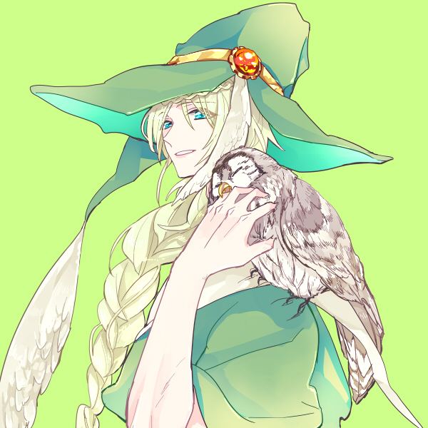1boy, abby_(troser), animal, animal_on_shoulder, bad_id, bad_pixiv_id, bird, bird_on_shoulder, blonde_hair, blue_eyes, braid, green_background, green_hat, hat, hat_feather, long_hair, looking_at_viewer, magi_the_labyrinth_of_magic, male_focus, owl, parted_lips, simple_background, single_braid, solo, upper_body, yunan