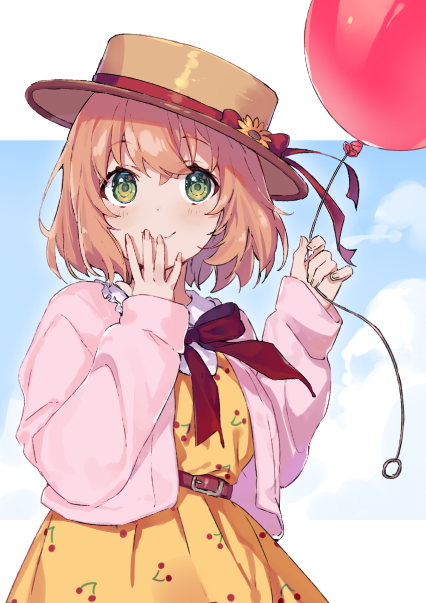 1girl, balloon, belt, blush, bow, breasts, brown_hair, brown_hat, closed_mouth, female_focus, flower, green_eyes, hat, hat_bow, hat_ribbon, highres, holding, holding_balloon, honma_himawari, honma_himawari_(6th_costume), looking_at_viewer, medium_breasts, nijisanji, red_bow, red_ribbon, ribbon, short_hair, smile, solo, sunflower, virtual_youtuber, yumesaki_nana
