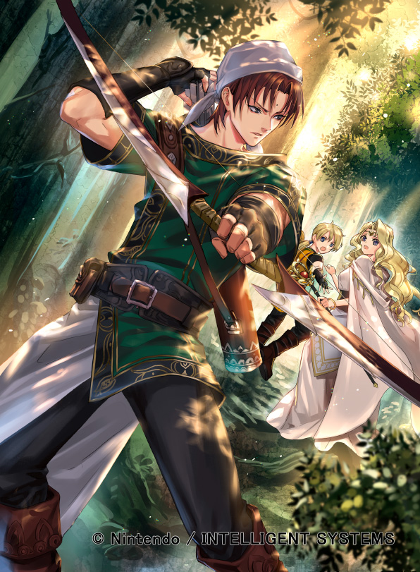 1girl, 2boys, arrow_(projectile), back, bandana, blonde_hair, boots, bow_(weapon)