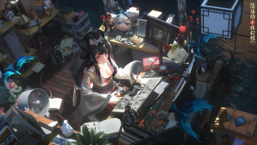 1girl, absurdly_detailed_composition, absurdres, animal, animal_on_lap, bird, black_hair, blunt_bangs, book, breasts, cat, cleavage, coffee_mug, computer_keyboard, couch, cup, desk_lamp, drawing_tablet, electric_fan, electric_guitar, female_focus, from_above, gibson_les_paul, guitar, hair_ornament, hair_rings, headphones, headphones_removed, highres, ibara_dance, indoors, instrument, japanese_clothes, kachou_fuugetsu_(onmyoji), kimono, lamp, loaded_interior, long_hair, medium_breasts, mole, mole_under_eye, monitor, mug, on_lap, onmyoji, open_book, pencil, pencil_case, plant, potted_plant, red_eyes, scissors, sitting, smile, solo, stylus, tablet_pc, tissue_box, wooden_floor