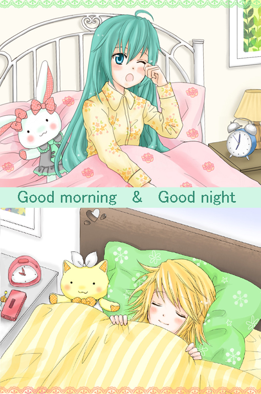 2girls, ahoge, aqua_eyes, aqua_hair, bad_id, bad_pixiv_id, bed, blonde_hair, hatsune_miku, kagamine_rin, long_hair, multiple_girls, ribbon, sleeping, stuffed_animal, stuffed_rabbit, stuffed_cat, stuffed_toy, tin_lamp, vocaloid, yawning