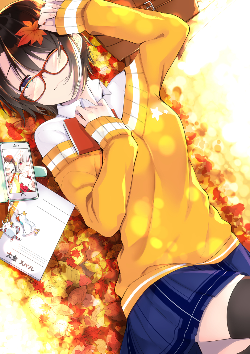 2girls, alternate_costume, autumn_leaves, backwards_hat, bag, bird, black_hair, black_legwear, blue_eyes, blue_skirt, breasts, cellphone, closed_mouth, collar, duck, glasses, hair_between_eyes, hat, holding, holding_leaf, hololive, horns, charm_(object), leaf, long_sleeves, lying, medium_breasts, miniskirt, multiple_girls, nakiri_ayame, notebook, one_eye_closed, oozora_subaru, subaru_duck, orange_sleeves, phone, photo_background, poyoyo_(ayame_channel), red-framed_eyewear, selfie, shirt, short_hair, skirt, smartphone, star_(symbol), striped_clothes, striped_shirt, thighhighs, vertical_stripes, virtual_youtuber, white_collar, white_hair, yukino_(yukinosora1126)