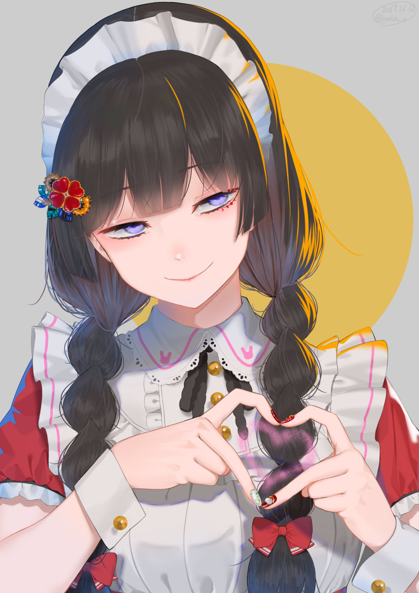 1girl, absurdres, black_hair, braid, female_focus, hair_ornament, heart, heart_hands