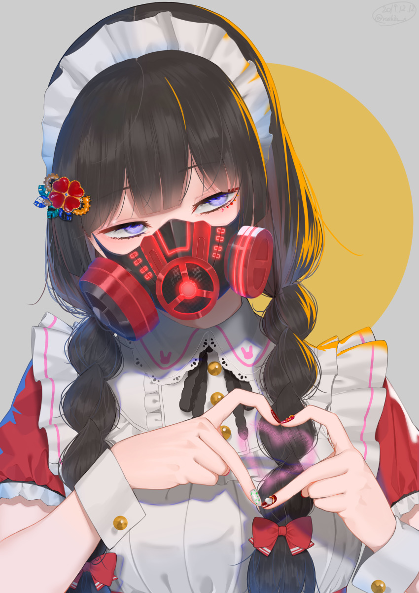 1girl, absurdres, black_hair, braid, female_focus, gas_mask, hair_ornament, heart