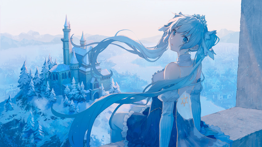 1girl, arm_support, blue_dress, blue_eyes, blue_hair, castle, detached_sleeves, dress