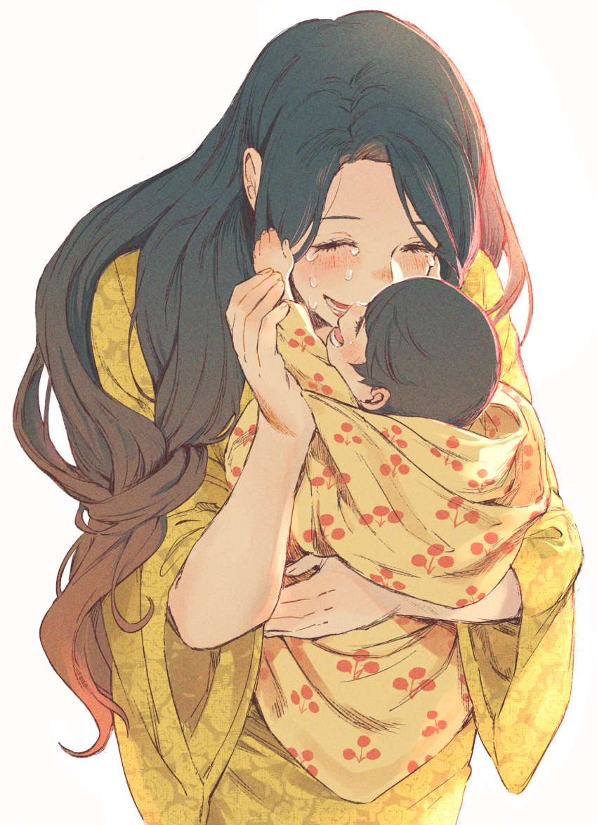 1boy, 1girl, aged_down, baby, black_hair, blanket, blush, carrying