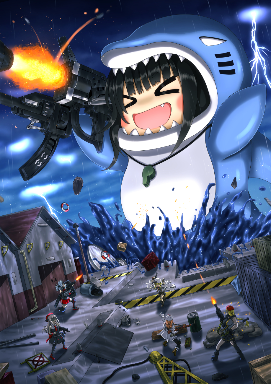 >_<, 6+girls, :d, ammunition, ammunition_belt, animal_costume, architect_(girls'_frontline), beret