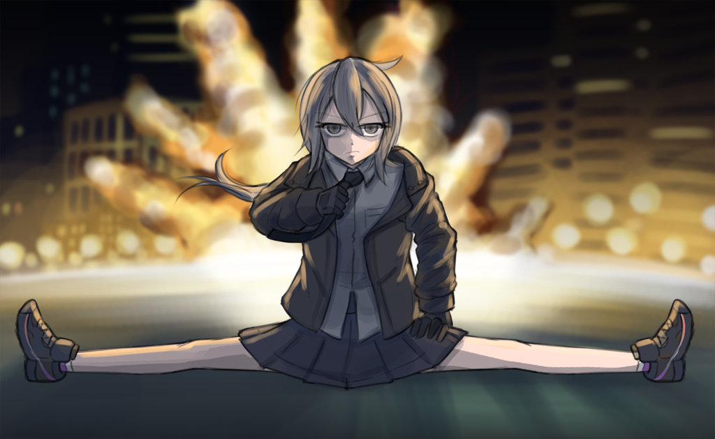 1girl, blurry, depth_of_field, explosion, female_focus, girls'_frontline, grey_hair, jacket, kung_fury_(movie), m200_(girls'_frontline), necktie, parody, shirt, skirt, solo, split, white_shirt, wtfman