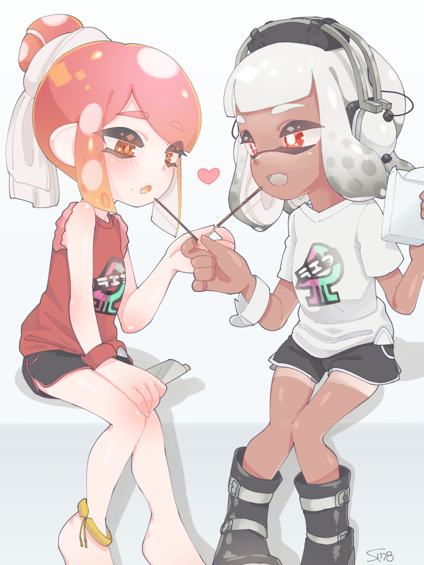 2girls, anklet, artist_name, barefoot, black_footwear, black_shorts, blunt_bangs, boots