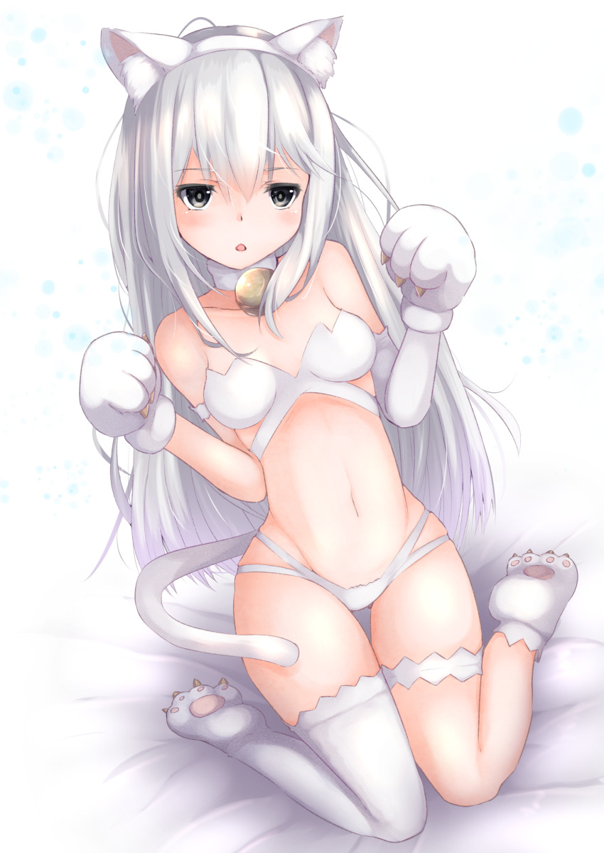 1girl, animal_ear_fluff, animal_ears, animal_hands, asymmetrical_legwear, bare_shoulders, bed_sheet, bell