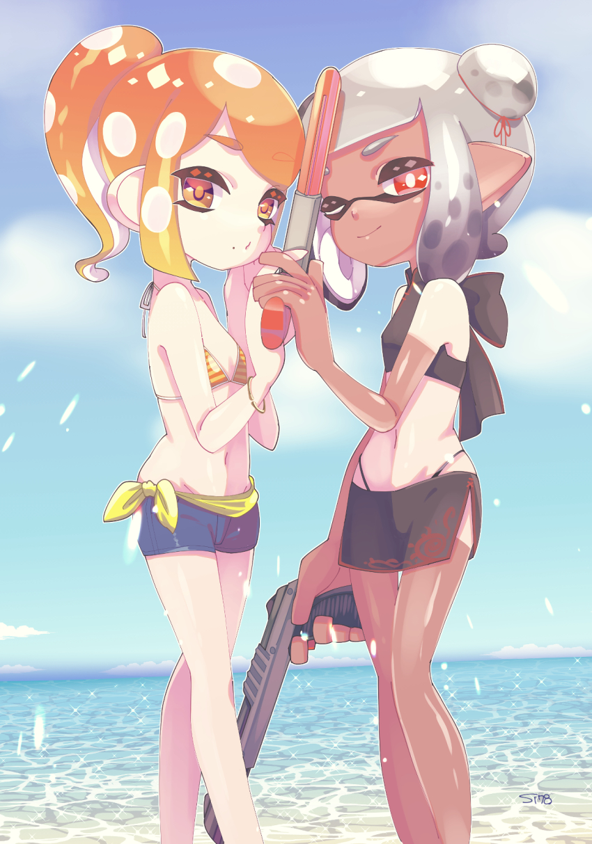 2girls, ;), artist_name, bikini, bikini_shorts, black_shorts, blue_shorts, blue_sky, blunt_bangs, closed_mouth, cloud, cloudy_sky, commentary, day, denim, denim_shorts, female_focus, hair_bun, highleg, highleg_bikini, highres, holding, holding_hands, holding_weapon, horizon, inaba_shounosuke, inkling, inkling_girl, inkling_player_character, light_particles, micro_shorts, mole, mole_under_mouth, multiple_girls, n-zap_(splatoon), navel, nintendo, ocean, octoling, octoling_girl, octoling_player_character, one_eye_closed, orange_bikini, orange_eyes, orange_hair, outdoors, pointy_ears, ponytail, red_eyes, short_ponytail, short_shorts, shorts, side_slit, silver_hair, single_hair_bun, sky, smile, splatoon_(series), splatoon_2, string_bikini, striped_bikini, striped_clothes, suction_cups, swimsuit, tan, tanline, tentacle_hair, weapon
