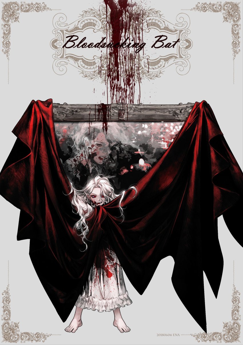 1girl, absurdres, barefoot, blood, blood_on_clothes, blood_on_face, blood_splatter, dress