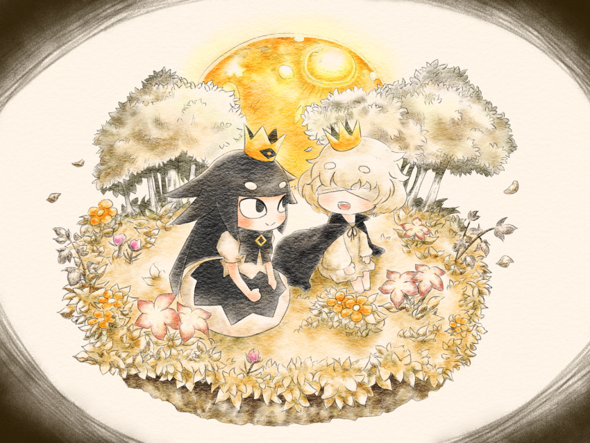 1boy, 1girl, black_bow, black_dress, black_hair, blind_prince, bow, cape
